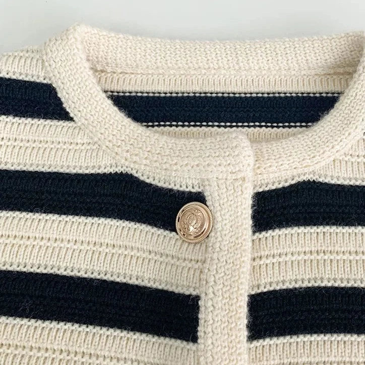 Striped O-Neck Long Sleeve Slim Short Button Sweater