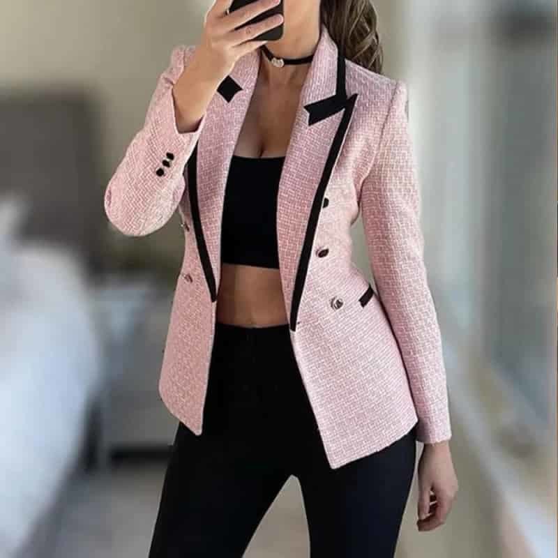 Double Breasted Houndstooth Long Sleeve Blazer