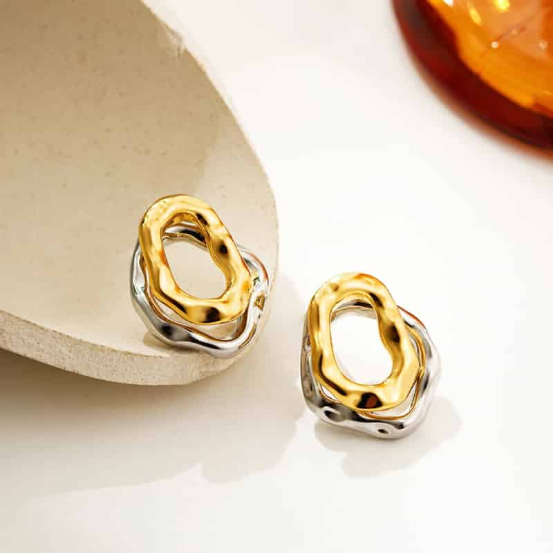 Irregular Round Stainless Steel Hammered Stud Hoop Earring