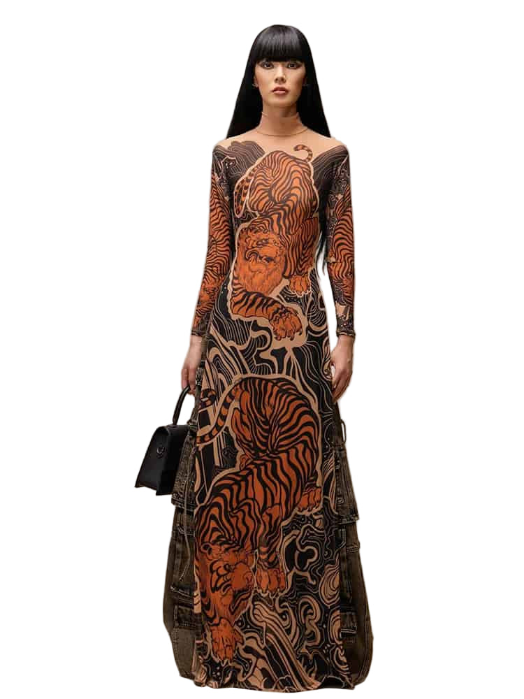 Korean Tigers Print Long Sleeve See Through Shirt