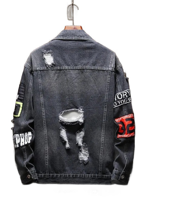 Men's casual denim jacket in large size with trendy distressed holes and comfortable fit