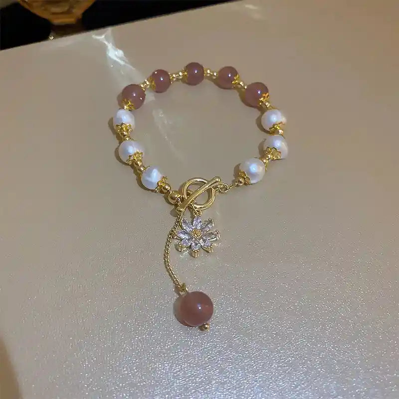 Vintage Lily Flower Pearl Bracelet Tassel Pendant Pink Peach