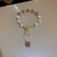 Vintage Lily Flower Pearl Bracelet Tassel Pendant Pink Peach