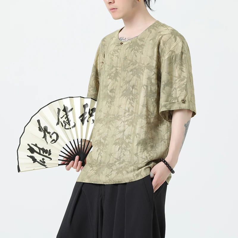 Chinese Style Tang Suit Shirt Linen Half Sleeve Traditional Kung Hanfu - view 5