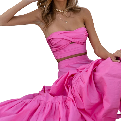 Set Ruched Strapless Top Ruffled Loose Long Skirt