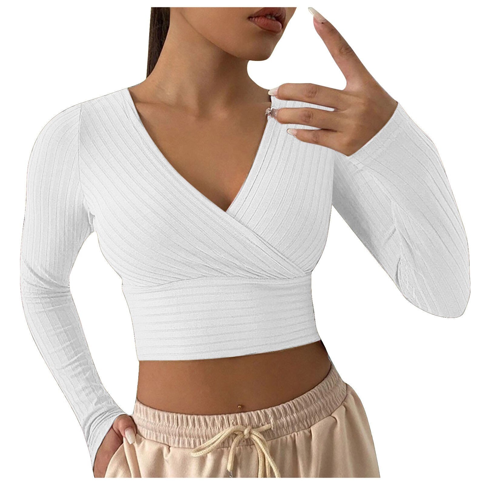 V-Neck Cross Wrap Ribbed Knit Crop Top - White / S - crop