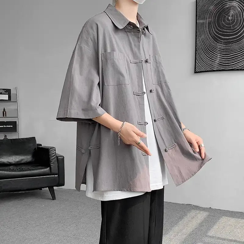 Summer Linen Shirt Oversized Short Sleeve Tang Suit Top With Frog - view 7