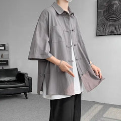 Summer Linen Shirt Oversized Short Sleeve Tang Suit Top With Frog - view 7