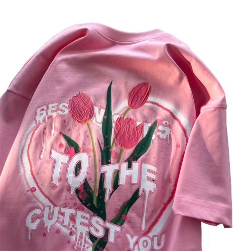 Flower Letter Print Loose T-Shirt - Pink / S