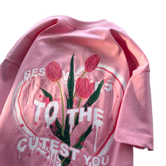 Flower Letter Print Loose T-Shirt - Pink / S
