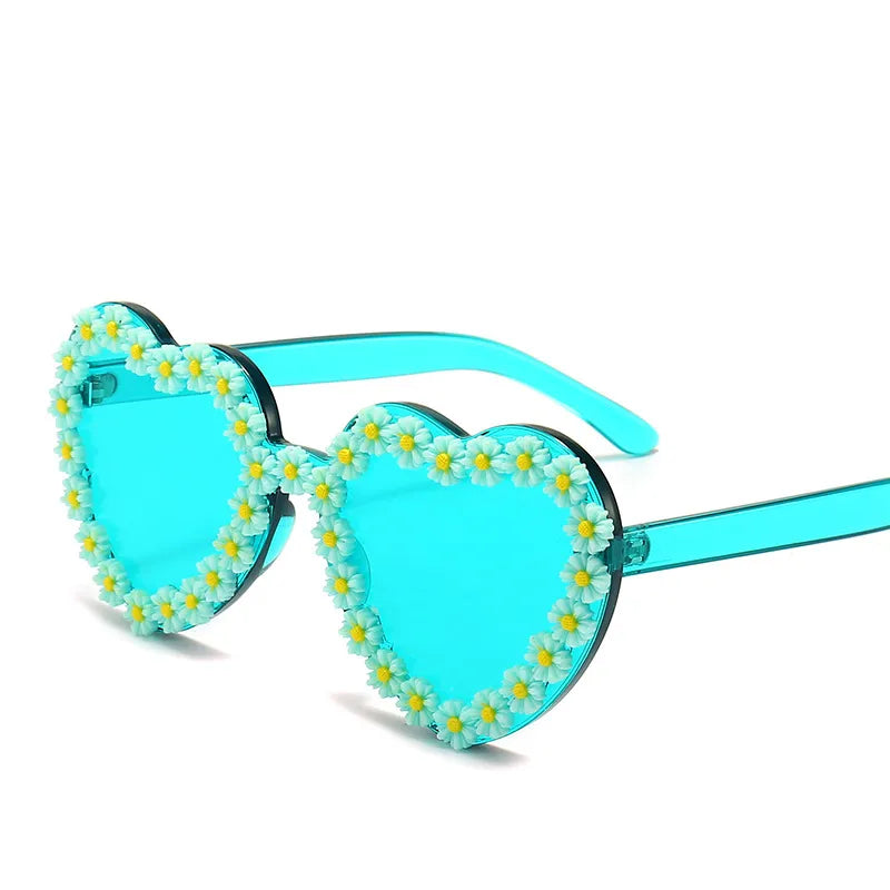 Flower Heart Shaped Sunglasses - Blue