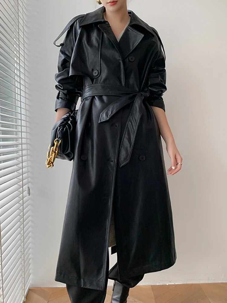 Solid Color Long PU Leather Trench Coat - Black / S