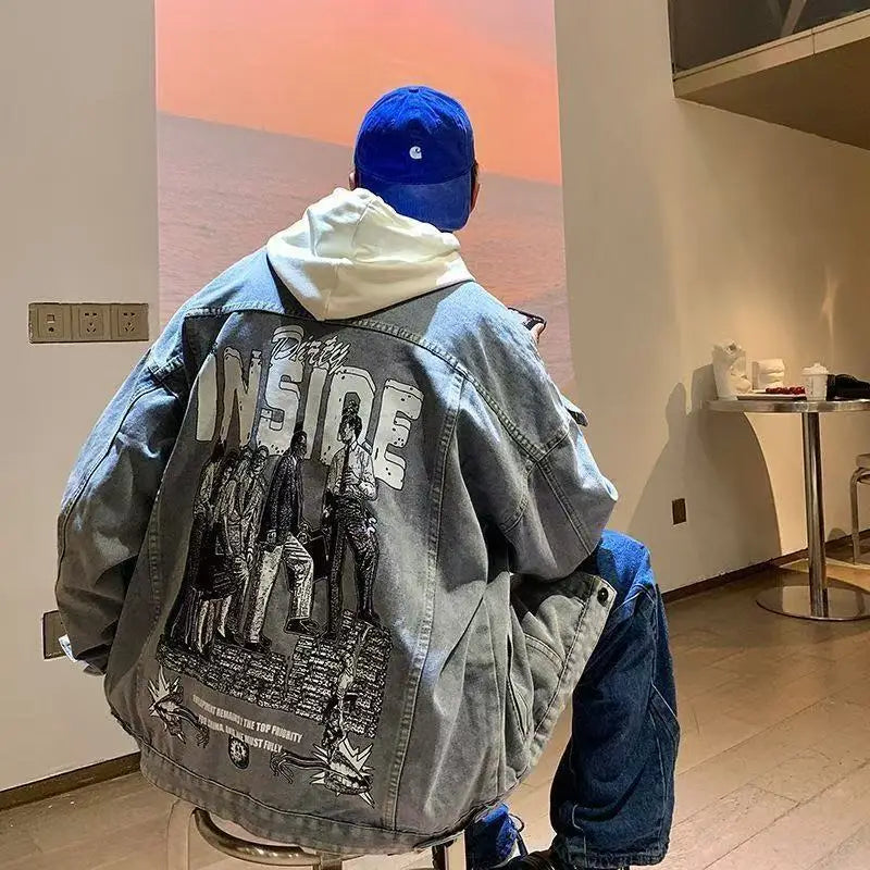 Oversized printed denim jacket in blue with Y2K Harajuku street style design detail view