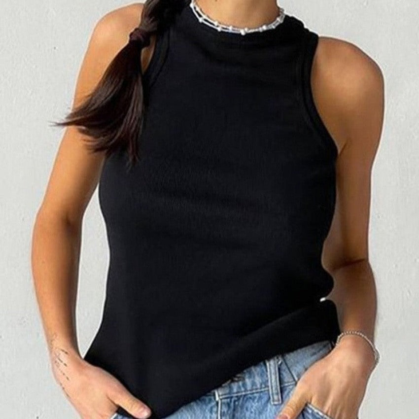 Solid Color Knitted Tank Top - Black / S