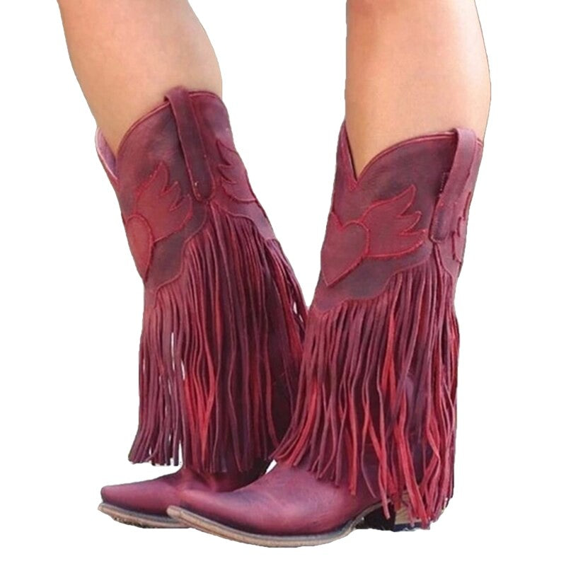Vintage Mid Calf Western Tassels Fringe Cowboy Boots - Red /