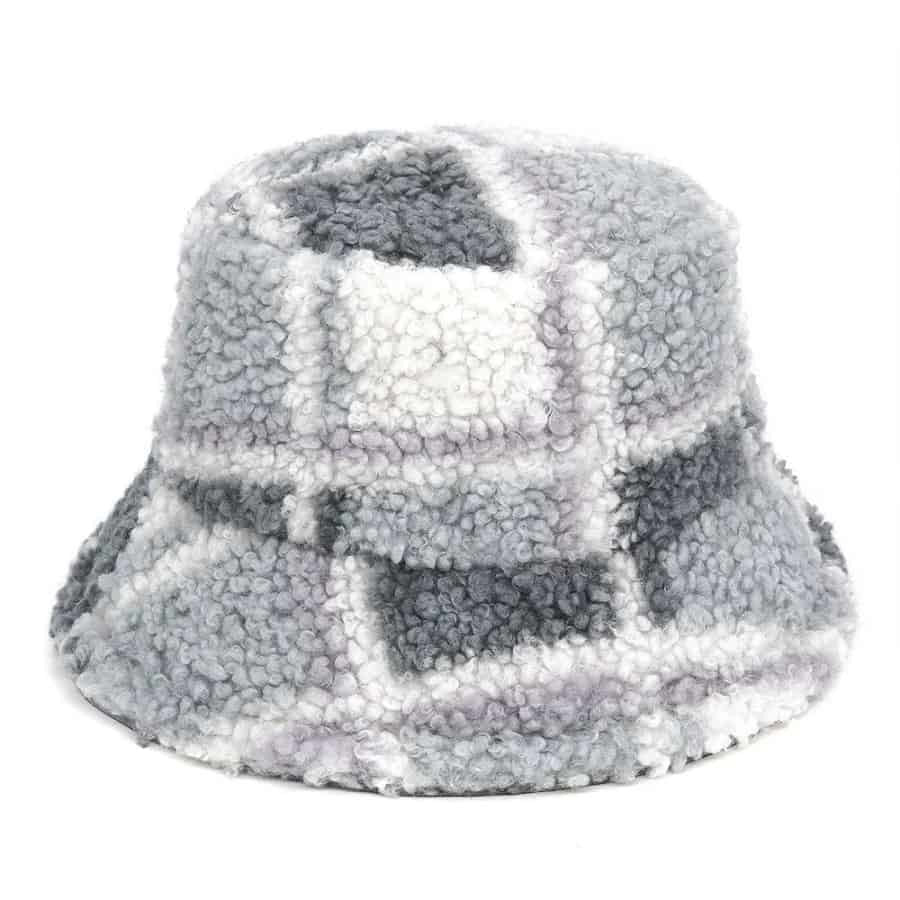 Plaid Pattern Wool Bucket Hat - Light Grey