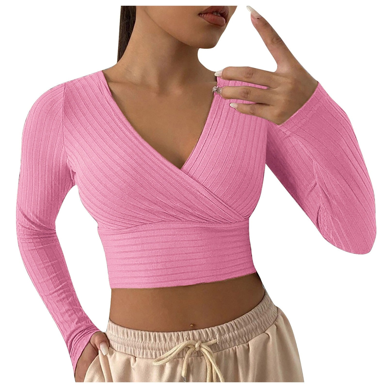 V-Neck Cross Wrap Ribbed Knit Crop Top - Pink / S - crop top