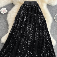 Thumbnail for Sequined Elastic High Waist Long Skirt - Black / S