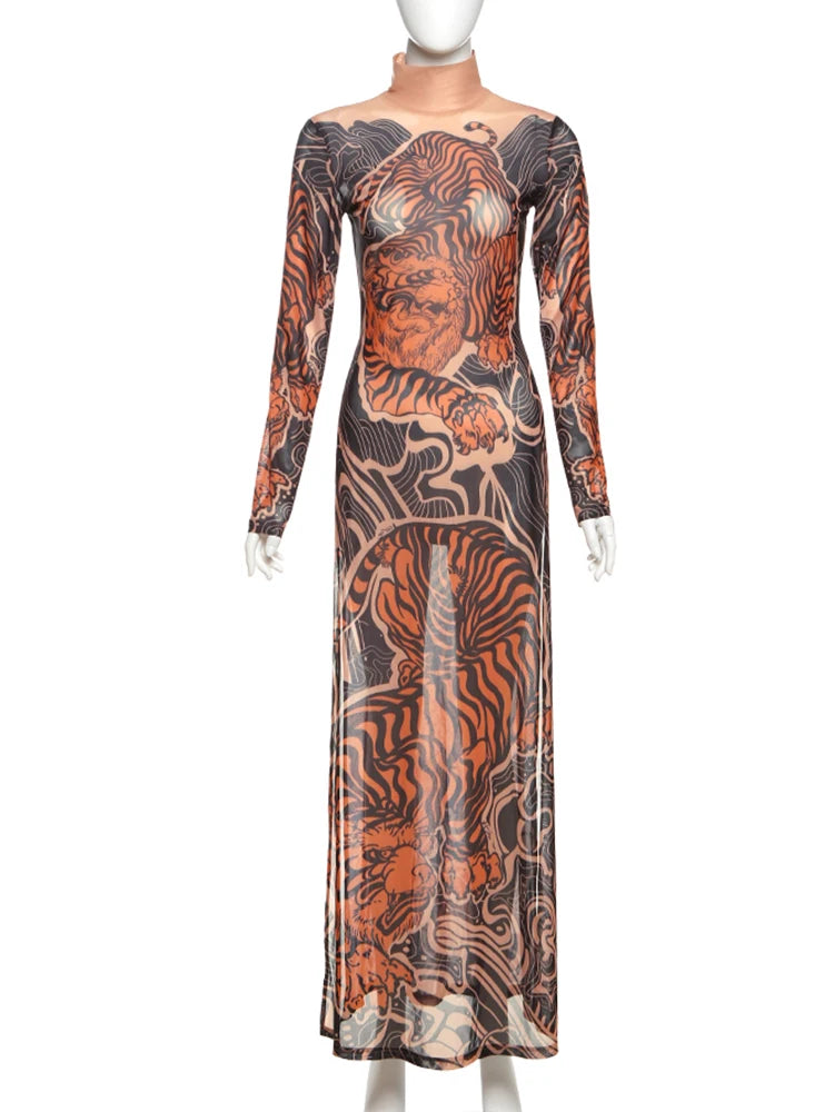 Korean Tigers Print Long Sleeve See Through Shirt