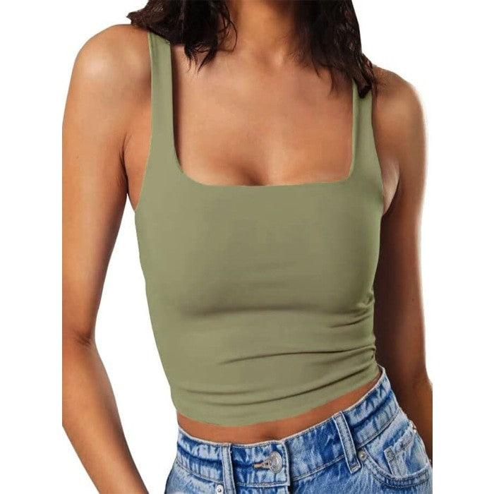 Y2K Sleeveless Square Neck Tank Top - Olive Green / XS