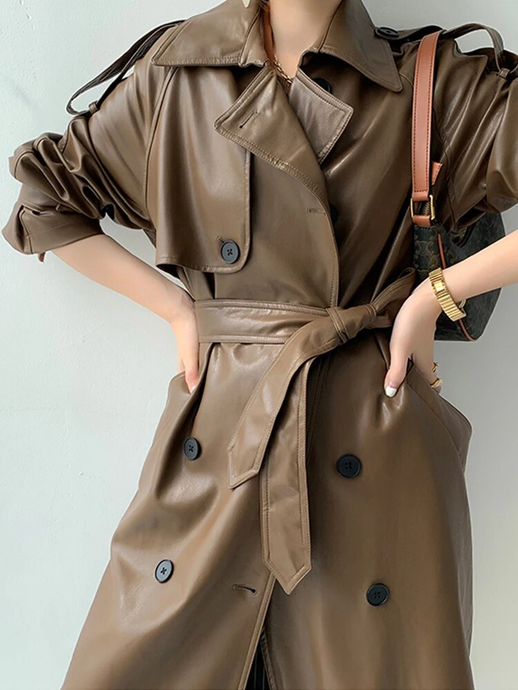 Solid Color Long PU Leather Trench Coat - Brown / S