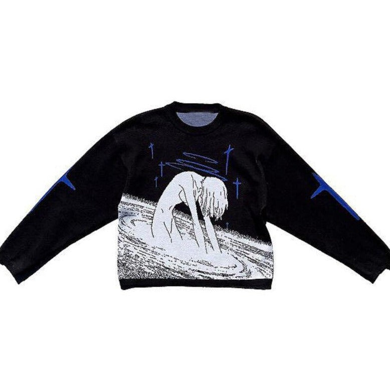 Anime Print Knitted Y2K Pullover Sweater - Black / L
