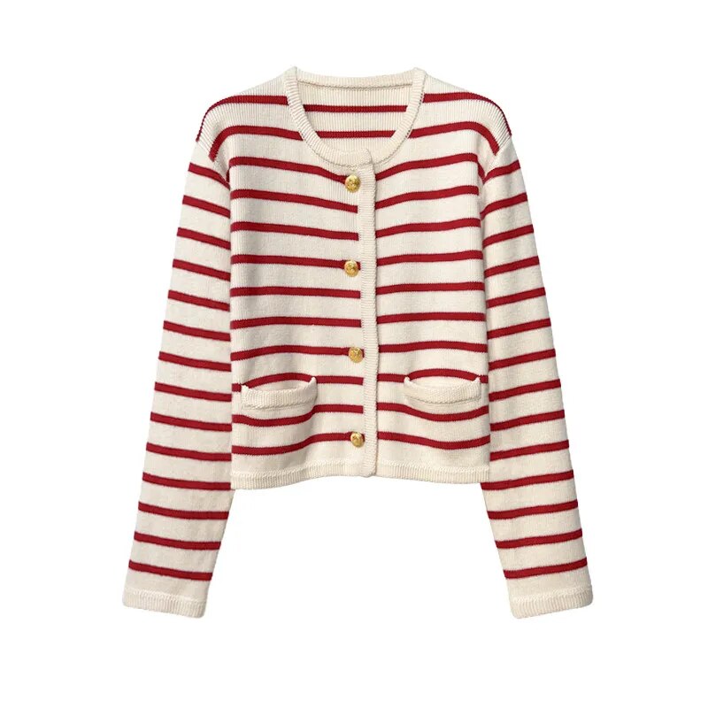 O Neck Stripe Knitted Long Sleeve Cardigan Sweater - Red /