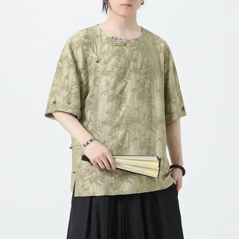 Chinese Style Tang Suit Shirt Linen Half Sleeve Traditional Kung Hanfu - view 7