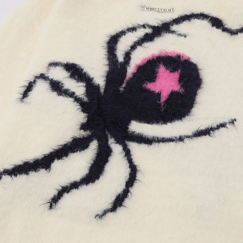 Lässiger Streetwear-Strickpullover mit Spinnen-Print im Harajuku-Stil