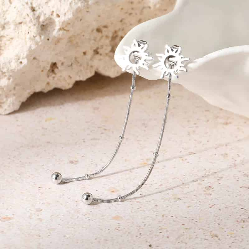 Stainless Steel Sun Long Beads Chain Drop Earrings