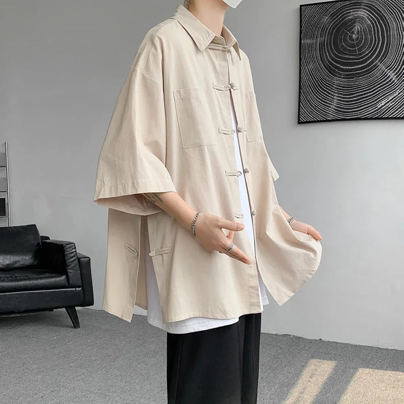 Summer Linen Shirt Oversized Short Sleeve Tang Suit Top With Frog - view 9