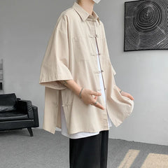 Summer Linen Shirt Oversized Short Sleeve Tang Suit Top With Frog - view 9