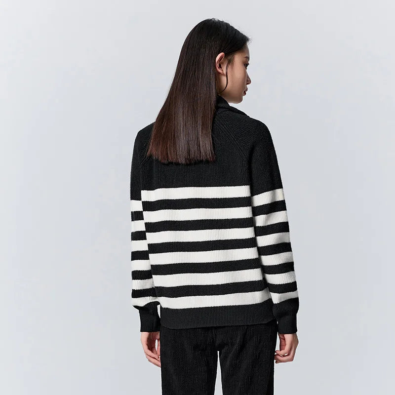 Striped Long Sleeve Loose Turn Down Collar Sweatshirt