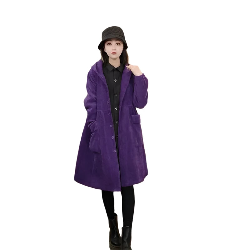 Long Loose Pocket Corduroy Hooded Thick Coat