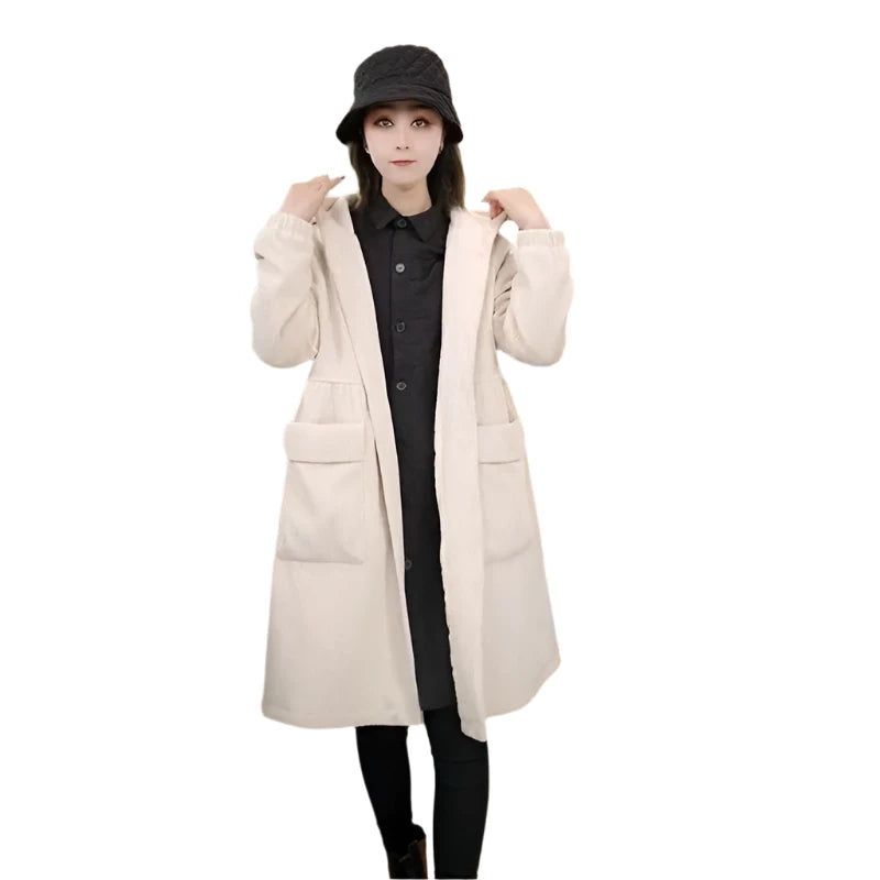 Long Loose Pocket Corduroy Hooded Thick Coat