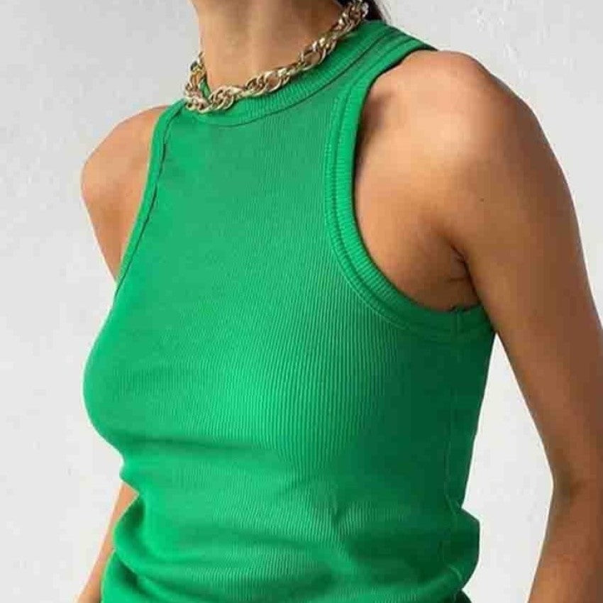 Solid Color Knitted Tank Top - Green / S