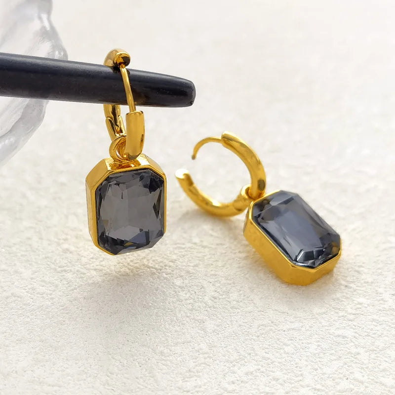 Square Crystal Stainless Steel Drop Hoop Earrings