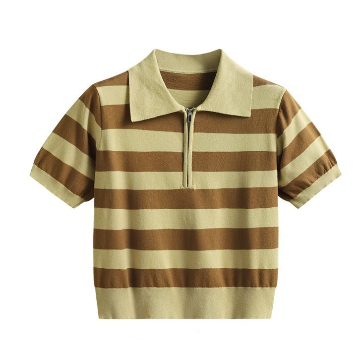 Zipper Striped Polo T-Shirt - Khaki / One size - Shirt