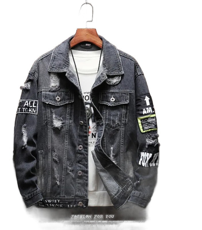 Men's casual denim jacket with distressed holes, trendy style, comfortable fit, large size