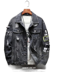 Men's casual denim jacket with distressed holes, trendy style, comfortable fit, large size
