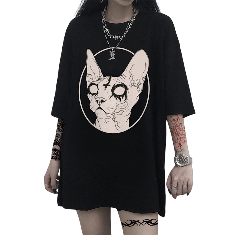 Oversize Harajuku Sphynx Cat Print T Shirts - Black / M -