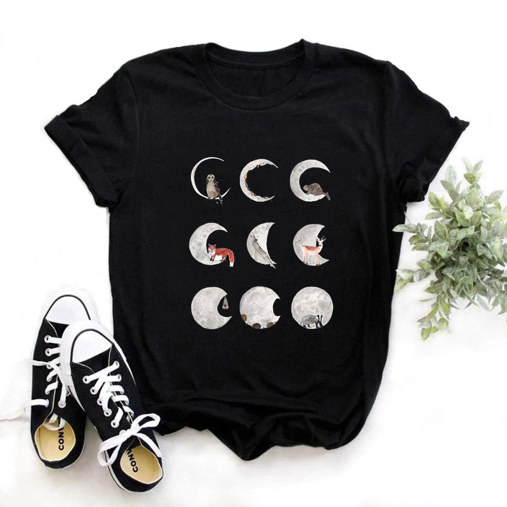 Phase Moon Planet Print T Shirt - White / S - T-Shirt