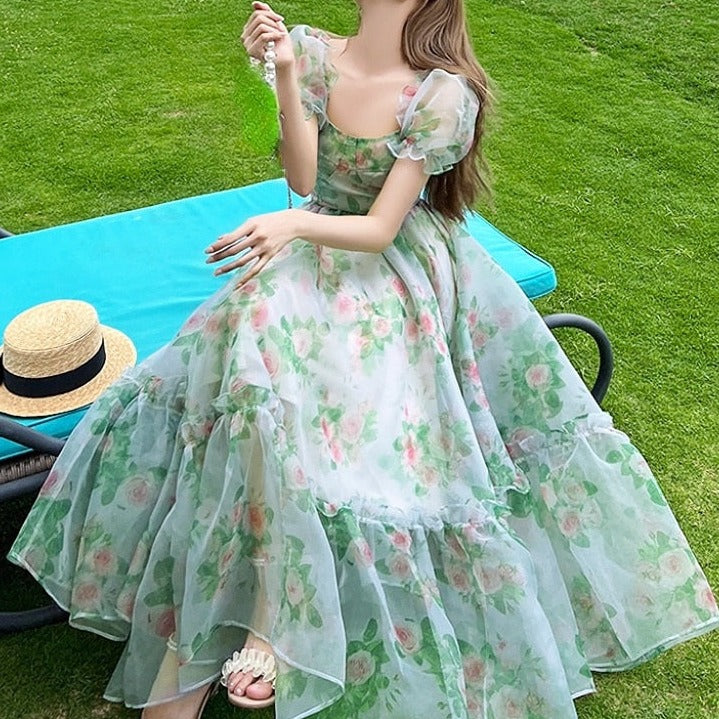Elegant Floral Midi Puff Sleeve Dress