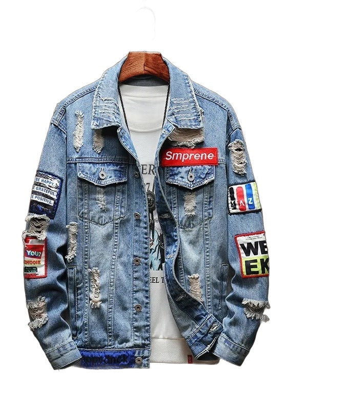 Men's casual denim jacket large size with distressed holes, trendy style comfortable fit