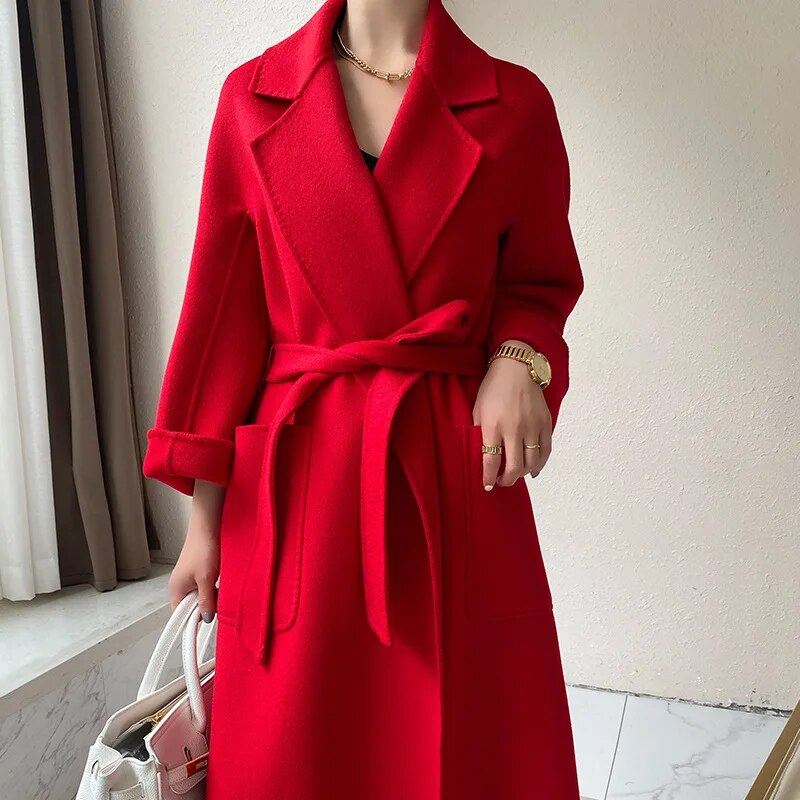 Turn Down Collar Trench Long Wool Coat - Red / M