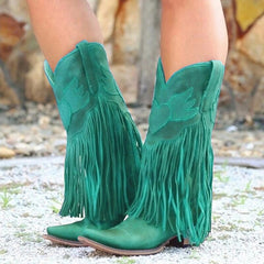 Vintage Mid Calf Western Tassels Fringe Cowboy Boots - Green