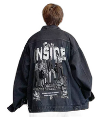 Oversized denim jacket with printed graphic design, Y2K Harajuku street style casual fit for couples