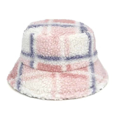Plaid Pattern Wool Bucket Hat - Light Pink