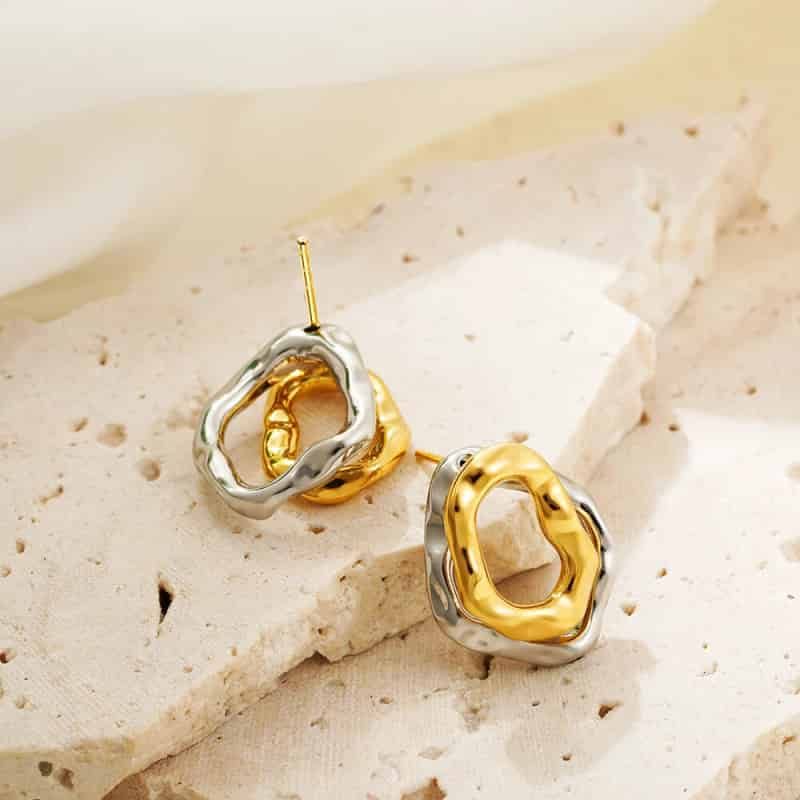 Irregular Round Stainless Steel Hammered Stud Hoop Earring