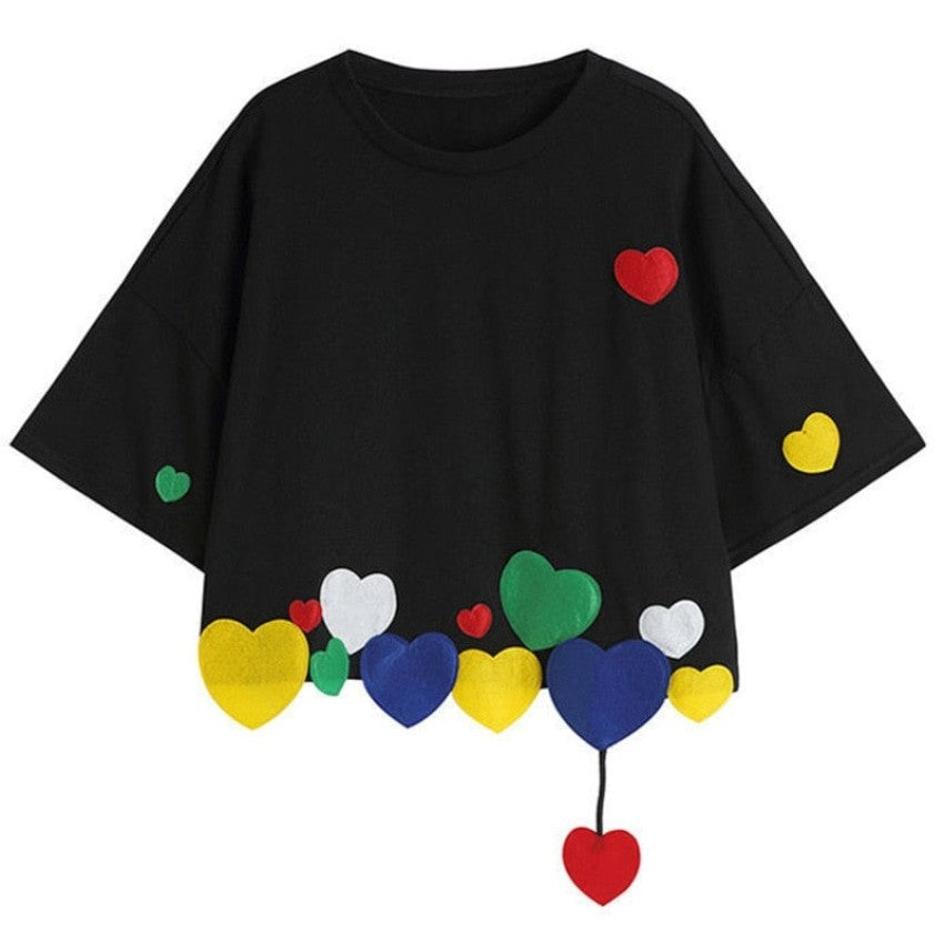 3D Colorful Hearts Round Neck Loose Crop Top T-shirt -